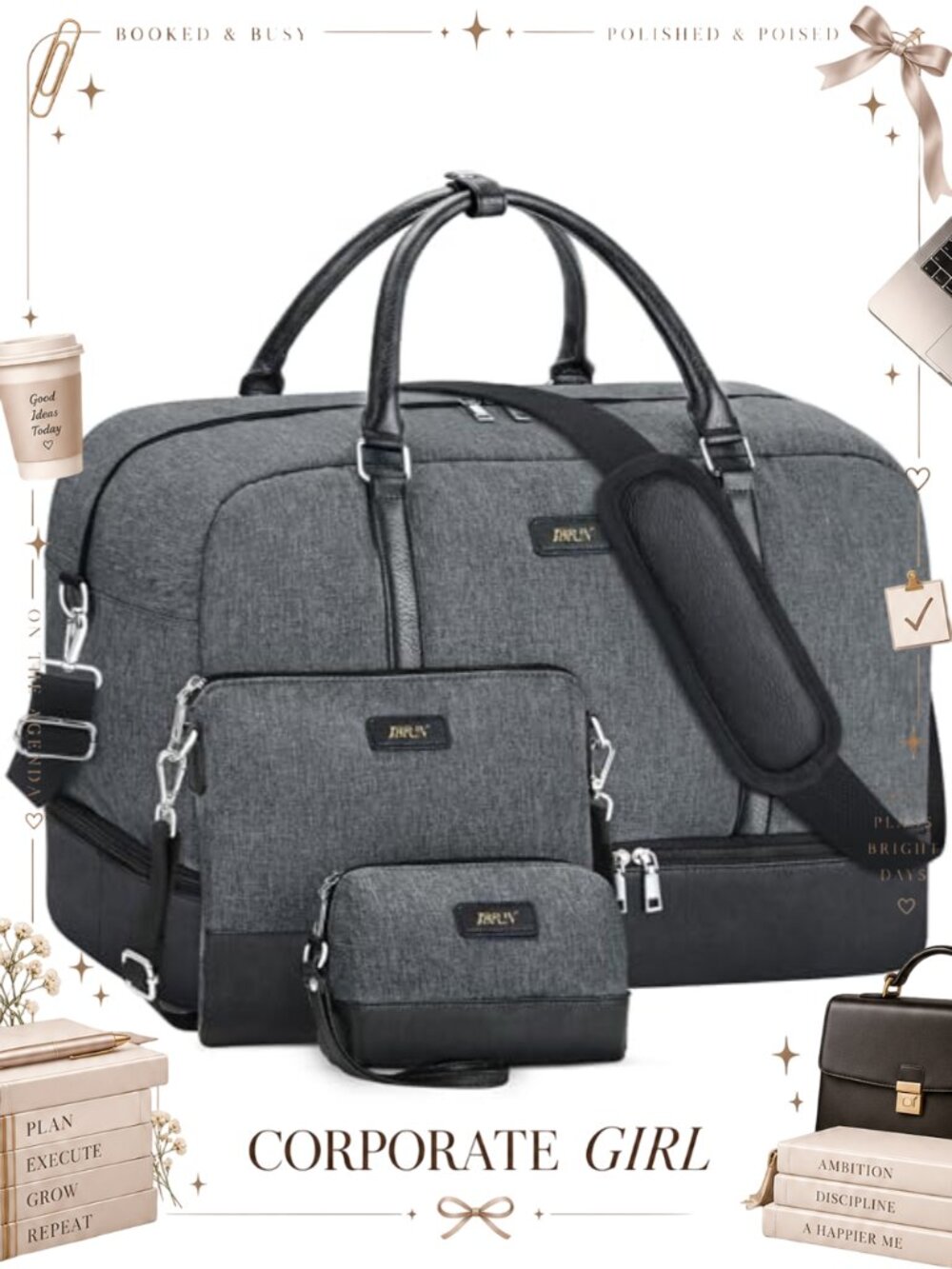 Weekender Bag Set Oxford Fabric PU Leather Travel Duffel Shoe Compartment